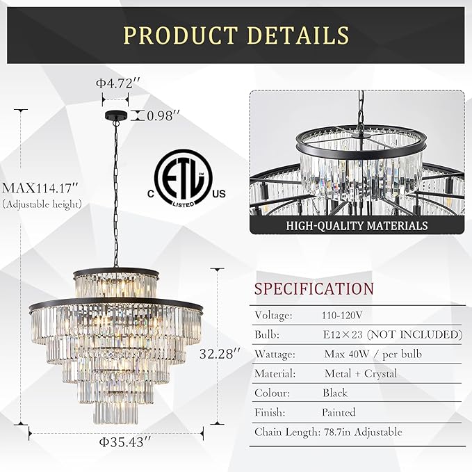 Large Crystal Chandeliers 23 Lights 36" Modern Black Luxury Chandelier for Foyer Staircase Chandeliers 6 Tiers Round K9 Ceiling Pendant Lighting Fixture for Living Dining Room