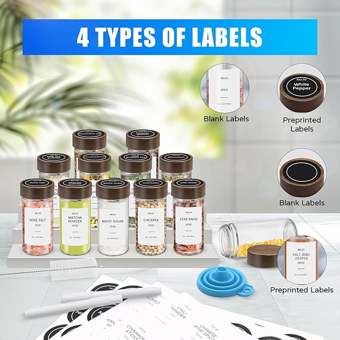 VIBRATITE 12 Pack Spice Jars with Acacia Lids, 4 oz Round Glass Jars Spice Containers Set with Labels, Pen, Funnel, Seasoning Storage Bottles with Shaker Lids for Rack, Cabinet, Drawer