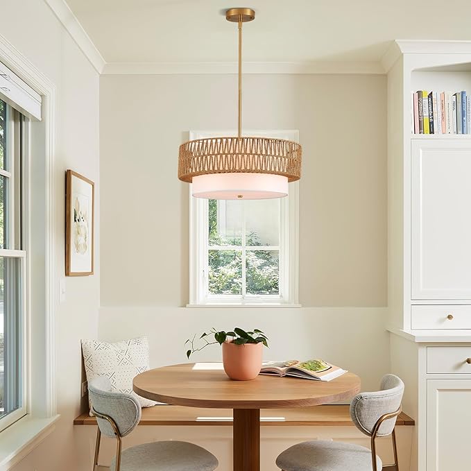 19" Rattan Chandelier 3-Light Vintage Farmhouse Hand-Woven Boho Hanging Light Fixture Modern Drum Wicker Rattan Gold Chandelier with Fabric Shade for Dining Room, Kitchen, Living Room