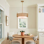 19" Rattan Chandelier 3-Light Vintage Farmhouse Hand-Woven Boho Hanging Light Fixture Modern Drum Wicker Rattan Gold Chandelier with Fabric Shade for Dining Room, Kitchen, Living Room