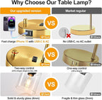 Set of 2 Industrial Table Lamps with USB Port, Gold Fully Stepless Dimmable Bedside Lamps for bedrooms, Nightstand Desk Lamp with Clear Glass Shade for Reading Living Room Office 2 LED Bulb