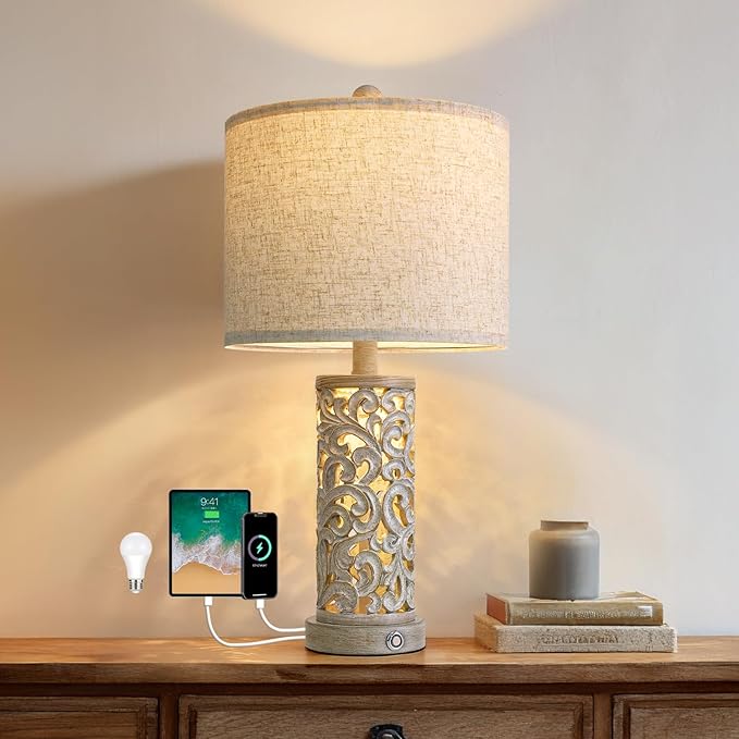 22" Farmhouse Table Lamp,Dual Light Touch Lamp with 3-Level Dimming,Lamps for Bedroom with USB A+C Charging Ports,Lamps for Living Room