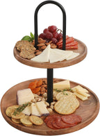 Gibson Home Gracious Dining 2-Tier Round Acacia Wood Serving Tray – Rustic Charcuterie Board Stand with Black Iron Handle – Tiered Party Platter, Dessert Display or Lazy Susan for Entertaining