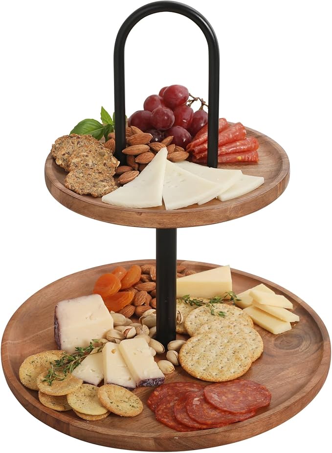 Gibson Home Gracious Dining 2-Tier Round Acacia Wood Serving Tray – Rustic Charcuterie Board Stand with Black Iron Handle – Tiered Party Platter, Dessert Display or Lazy Susan for Entertaining