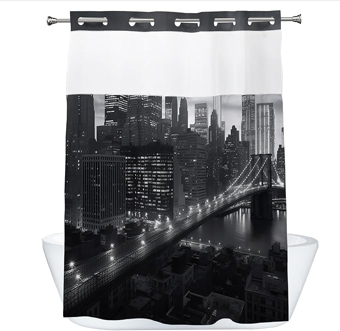 Manhattan Brooklyn Bridge New York Building Night Scenery Shower Curtain with Snap in Fabric Liner Set, Detachable Liner, See Through Mesh Top Window, Waterproof Washable 72" W x 74" H