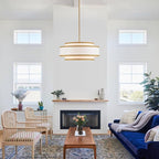 19.7" Gold Drum Chandelier with White Linen Lampshade 4-Light Modern Farmhouse Chandelier Light Fixture for Dining Room, Kitchen Island, Foyer Entryway Bedroom