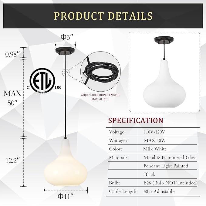 11" Milk White Glass Pendant Light, Blown Glass Hanging Ceiling Light Fixture with Black Finish, Large Vintage Modern Pendant Lamp for Kitchen Island, Sink, Hallway, Living Room