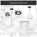 11" Milk White Glass Pendant Light, Blown Glass Hanging Ceiling Light Fixture with Black Finish, Large Vintage Modern Pendant Lamp for Kitchen Island, Sink, Hallway, Living Room