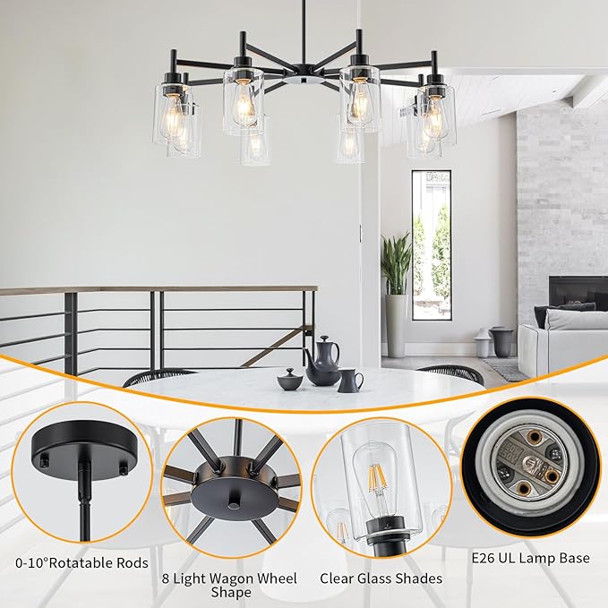 Matte Black Chandeliers for Dining Room, Farmhouse Chandeliers 8 Light Dining Room Light Fixture with Clear Glass Shades Pendant Lighting for Kitchen Island Living Room Staircase