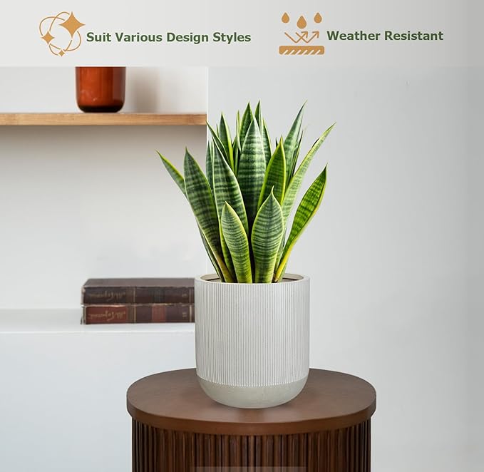18.7" H x 16.9" D Ribbed Radius Fiberstone Round Planter with Drainage Hole, Weather Resistant for Indoor and Outdoor Use, Included 2 Extra Coco Mats (Frost Grey, 15" Pot Opening)