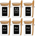 ComSaf Spice Jars with Spoon 8 oz 6Pack, Small Spice Containers Starter Set, Glass Seasoning Jars with Labels, Round Seasoning Containers for Salt, Pepper, Chili Powder, Sugar, Loose Tea Storage