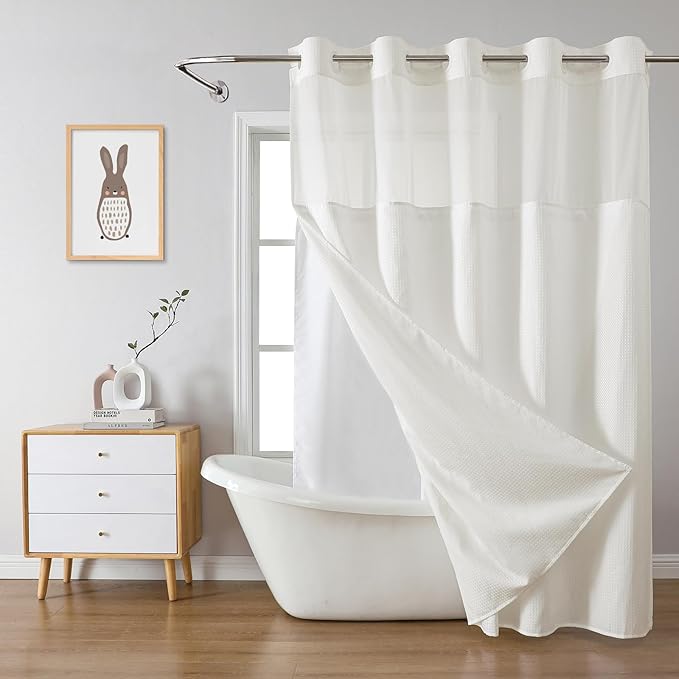 Cream Long No Hook Waffle Weave Shower Curtain with snap-in Liner Replacement, 230GSM Waterproof Fabric Hotel Shower Curtain Set for Bathroom, Through Mesh Top Window,71Wx80H
