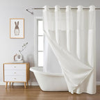 Cream Long No Hook Waffle Weave Shower Curtain with snap-in Liner Replacement, 230GSM Waterproof Fabric Hotel Shower Curtain Set for Bathroom, Through Mesh Top Window,71Wx80H