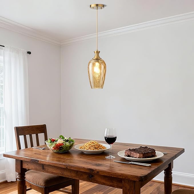 Glass Pendant Lights Kitchen Island 2 Pack, Gold Vintage Pendant Light Fixtures with Hand-Blown Hammered Amber Glass, Farmhouse Modern Brass Hanging Light for Kitchen Sink Dining Room Bedroom