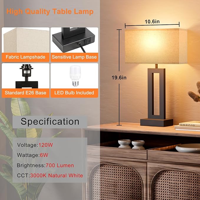 Seealle Bedroom Lamps for Night Stands - Touch Control, 3 Way Dimmable, USB C+A Charging, LED Bulbs, Easy Assembly