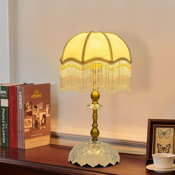 Eapmic Table Lamp,Bedside End Table Lamp Traditional Nightstand Desk Lamp Beaded Tassel Lamp with Shade for Living Bedroom Office(Retro,Style 2)