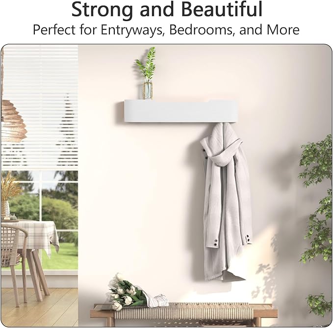 Coat Rack Wall Mount with Hidden Hooks Entryway Hanging Shelf Modern Wood Coat Hanger for Bedroom Kitchen Hallway Bathroom (White,20.9 Inch Long)