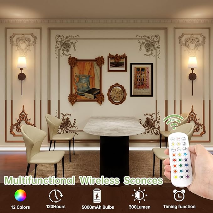 Battery Operated Wall Sconces Set of 2, Walnut Color Wall Lamp 5000 mAh Rechargeable Bulb with 12 RGB Colors Dimmable Wall Sconce for Living Room Bedroom