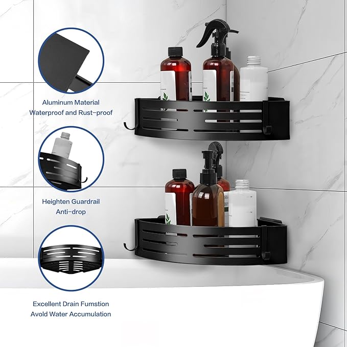 Corner Shower Caddy - 2 Pack Adhesive Shower Caddy Shelf Organizer Corner with Hooks, Rustproof Stainless Steel Bath Organizers Shower Shelf No Drilling Shelves for Bathroom Storage, Black