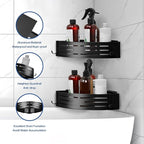 Corner Shower Caddy - 2 Pack Adhesive Shower Caddy Shelf Organizer Corner with Hooks, Rustproof Stainless Steel Bath Organizers Shower Shelf No Drilling Shelves for Bathroom Storage, Black