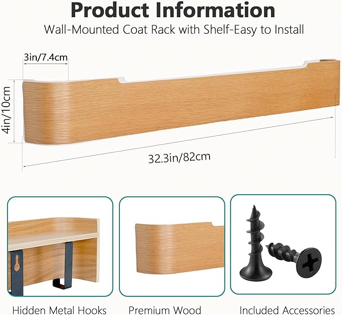 Coat Rack Wall Mount with Hidden Hooks Entryway Hanging Shelf Modern Wood Coat Hanger for Bedroom Kitchen Hallway Bathroom (Oak,32.7 Inch Long)
