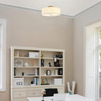 GLOBE Electric 60998 2-Light Flush Mount Ceiling Light, Matte Brass, White Linen Shade, E26 Base, Minimalist Lighting for Kitchen Island, Bathroom, Bedroom, or Dining Room, Home Decor