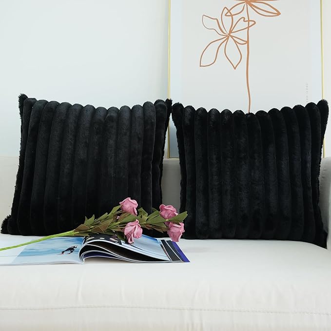 JOJUSIS Pack of 2 Faux Fur Plush Decorative Throw Pillow Covers Couch Cushion Case Soft Pillowcases (Black, 20 x 20-Inch)