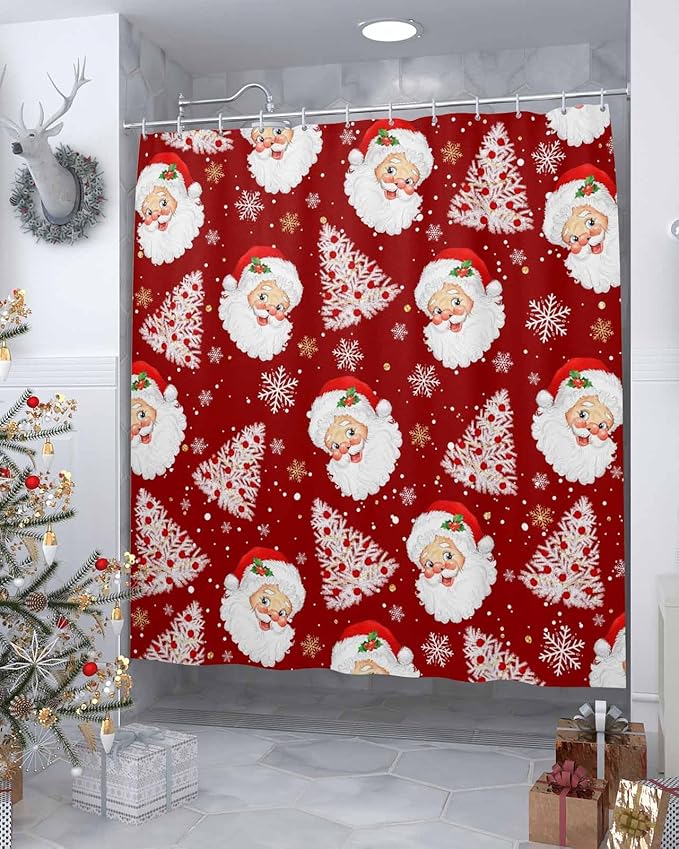 Red Christmas Shower Curtain, Santa Claus Merry Christmas Tree Shower Curtains Set with Hooks, Winter Snowflake Waterproof Fabric Bathroom Curtains Decor Home Accessories, Stall Long 36 X 78 Inch