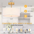 3-Light Semi Flush Mount Ceiling Light Modern Gold Drum Light Fixtures with White Fabric Cover Shade Round Chandelier for Bedroom Living Room Kitchen and Hallway