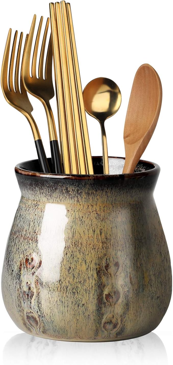 HAOTOP Ceramic Utensil Holder, Small Utensil Crock Ideal for Spoons, Forks and Knives, Easy to Clean 30 oz (Gradient Gray)