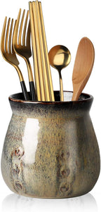 HAOTOP Ceramic Utensil Holder, Small Utensil Crock Ideal for Spoons, Forks and Knives, Easy to Clean 30 oz (Gradient Gray)