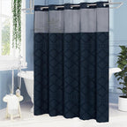 No Hooks Boho Navy Woven Fabric Shower Curtain with 72 x 80 Modern Farmhouse, Tufted Chevron Striped Shabby Chic Textured, Minimalist Hookless Shower Curtains for Bathroom, Hotel Decor