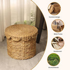 Vintage Woven Storage Basket with Scalloped Lid - Handwoven Water Hyacinth Laundry Hamper for Clothes, Blankets, Toys Organizing - Natural Wicker Basket with Lid (Small Round)