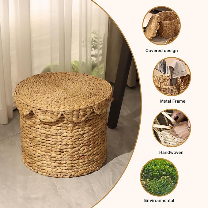 Vintage Woven Storage Basket with Scalloped Lid - Handwoven Water Hyacinth Laundry Hamper for Clothes, Blankets, Toys Organizing - Natural Wicker Basket with Lid (Small Round)