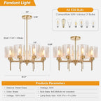 Brass Modern Chandeliers, Metal 8-Lights Chandelier Light Fixture with Amber Glass Shade, Hanging Pendant Lighting for Living Room, Dining Room, E26