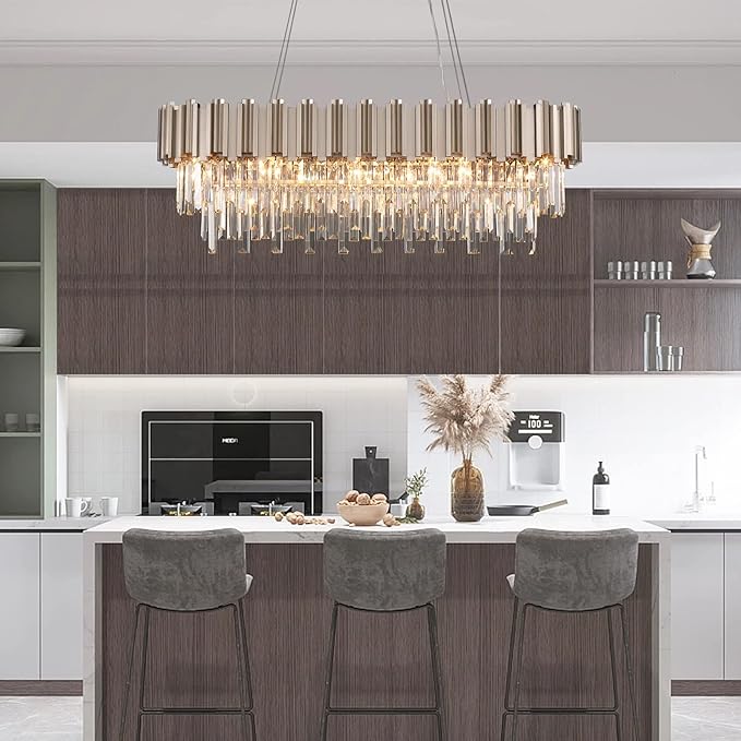 L43.3 Modern Rectangle Crystal Chandelier Nickel Linear Pendant Ceiling Light Fixture for Dining Room Contemporary Oval Raindrop Chandeliers Lighting for Kitchen Island 13-Light