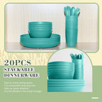 Wrova Wheat Straw Dinnerware Sets of 20,Dishwasher Safe Kitchen Plates and Bowls Sets,Camping Dishes Sets Contains Dinner Plates,Cereal Bowls,Drinking Cups and Flatware.(Green)