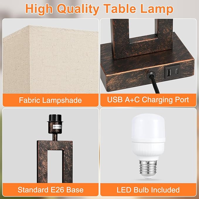 22" Tall Living Room Lamps for Night Stands - Touch Bedside Lamp with USB C+A, 3 Way Dimmable Bedroom Lamps for End Tables Set of 2, Modern Night Stand Lamp for Bed Side(Beige&Brown)