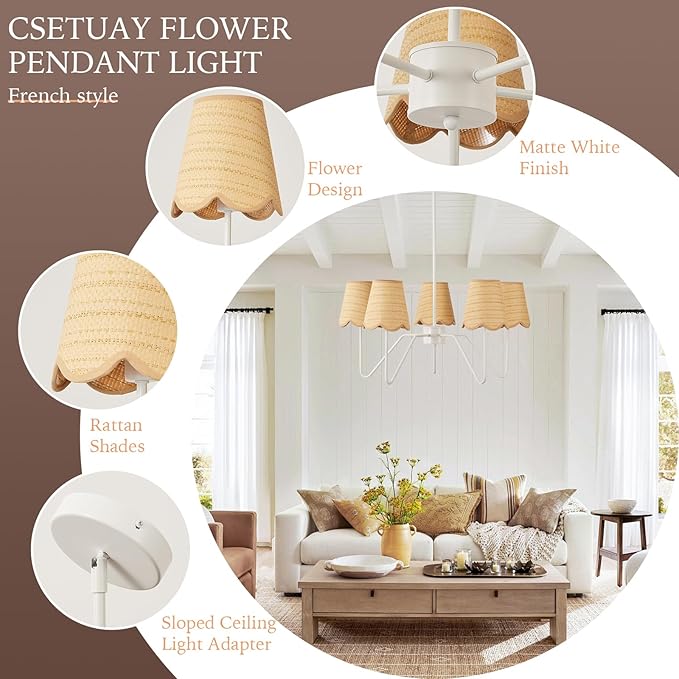 28" Rattan Chandelier, Large Modern Pendant Light Fixtures with Flower Shades White Finish for Dining Room, Kitchen Island, Foyer, Living Room 5-Light