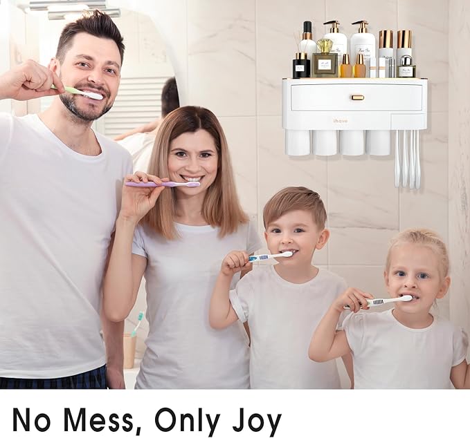 iHave Toothbrush Holders for Bathrooms, 4 Cups Toothbrush Holder Wall Mounted with Large Capacity Drawer and Tray - Bathroom Storage & Bathroom Organizer