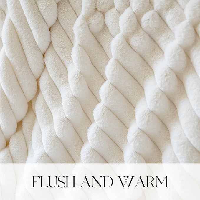 MOSAYT Throw Blanket for Couch Or Bed, Super Soft Faux Rabbit Fur Lamb Hair Blanket, Elegant Ruched Design Fleece Blanket, White Cozy Blanket for Couch, Sofa and Bed(50x60 Inch)