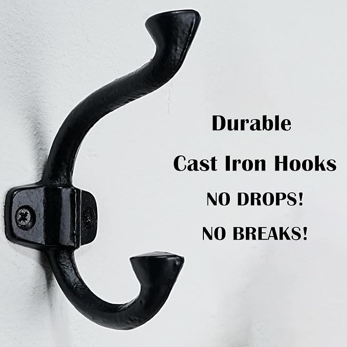 SKOLOO Heavy-Duty Black Wall Hooks Set - Farmhouse Style Cast Iron Hooks, Pack of 5 - Ideal for Backpack, Coat, and Towel Hooks - Perfect for Entryway, Mud Room, and Bathroom Storage