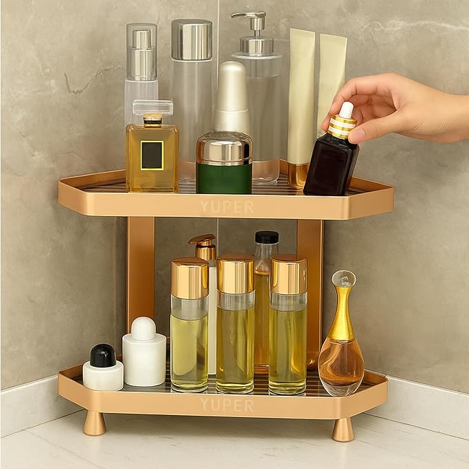 YUPER Corner Bathroom Counter Organizer, 2 Tier Countertop Corner Shelf for Perfume, Makeup Organizer, Skincare Organizers, Vanity Storage Tray for Bedroom, Bathroom Sink Shelf