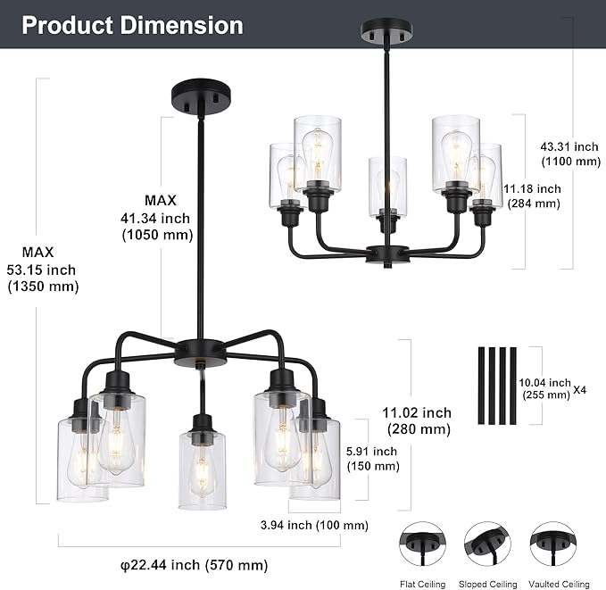 5-Light Modern Black Chandelier with Clear Glass Shades, E26 Base Farmhouse Pendant Light Fixture, Adjustable Swivel Heads Ceiling Lighting, Industrial Chandelier for Dining Room Kitchen Hallway