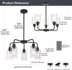 5-Light Modern Black Chandelier with Clear Glass Shades, E26 Base Farmhouse Pendant Light Fixture, Adjustable Swivel Heads Ceiling Lighting, Industrial Chandelier for Dining Room Kitchen Hallway