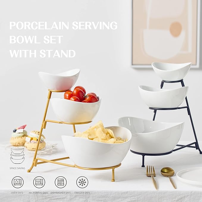 Gomakren 3 Tiered Oval Serving Bowl With Collapsible Metal Rack, Chip and Dip Serving Set, Dessert Appetizer, Candy, Fruit, Vegetable Bowl Set, Halloween Serving Bowls For Entertaining (Black Stand)