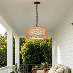 Boho Chandeliers for Dining Room,Rattan Chandeliers with Fabric Shade,Farmhouse Dining Room Light Fixtures,Kitchen Island Lighting 5-Lights Hand Woven Drum Chandelier,18 in,UL Listed