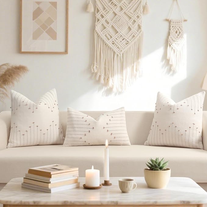 YCOLL Boho Throw Pillow Covers 18x18 Set of 2 Neutral Woven Decorative Pillowcases Cotton Tufted Couch Pillows Modern Farmhouse Accent Cushion Covers for Sofa Couch Bed Living Room Home Decor, Khaki