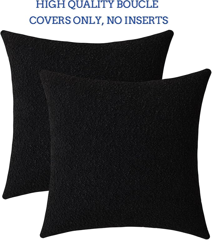 Jeneoo Black Decorative Square Thick Throw Pillow Covers Boucle Couch Cushion Case for Livingroom Sofa Decor, Set of 2, 18 x 18 Inch