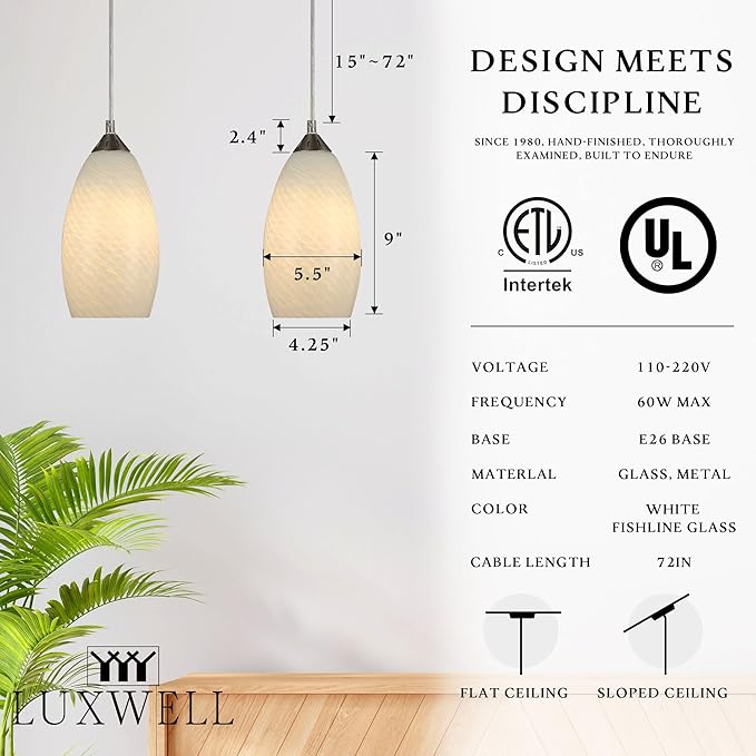 Pendant Lighting, Modern White Fishline Handblown Glass, Oval Art Shade Hanging Light, Brushed Nickel Hardware for Kitchen, Dining Room, Foyer Decor 4.7" Shade (1 Pack)